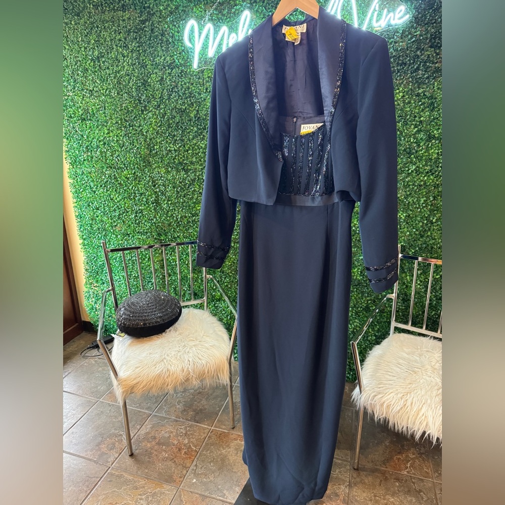 Jovani Elegant Navy Sequin Gown with matching jacket.